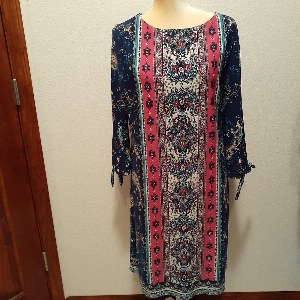 Chico's Medallion Navy Rose Sheath Dress with tied sleeves SZ 1 (Med 8)